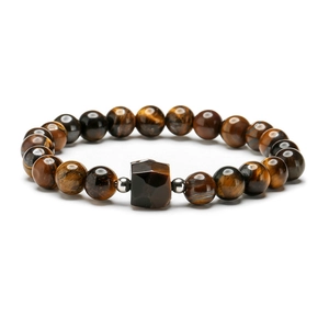 Natural yellow tiger eye bead bracelet with geometric center stone and silver metal spacers