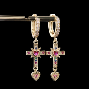 Women Elegant Heart Cross Dangle Earrings Copper Colorful Zirconia Inlaid Gold Silver Plated Fashion Jewelry Accessories