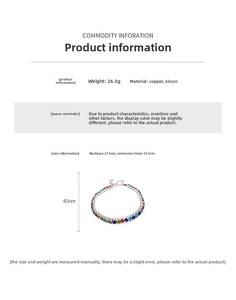 Size chart for colorful zircon square necklace detailing copper material and 40cm length