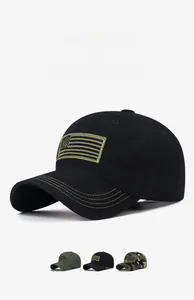 Close-up of American flag patch on black cotton baseball cap with multi-color options
