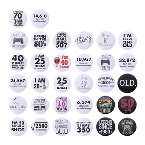 Tinplate birthday badges collection with funny quotes and age levels for party favors