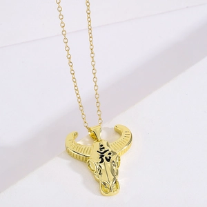 18K gold plated necklace featuring a detailed bull head pendant with engraved symbol