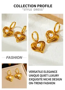 Close-up of heart-shaped gold earrings with radiating textures and center pearls