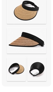 Detail view of straw sun visor with black headband and adjustable elastic cord