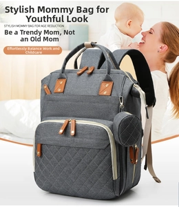 Detail of grey multi-functional mommy bag with leather pullers and detachable round pouch