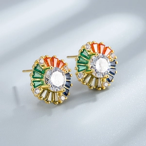 S925 sterling silver gold sunflower stud earrings with colorful square zircons
