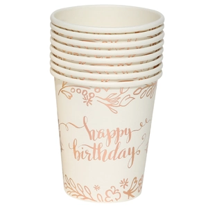 Detail of disposable rose gold paper cups with happy birthday script for girl parties