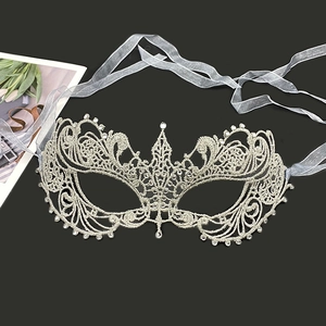 Silver grey lace masquerade mask with sparkling rhinestones and ribbon ties