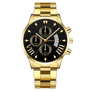 Luxury gold Geneva men's quartz watch with black dial and calendar display on white background