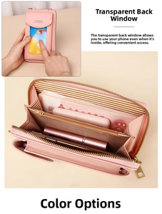 Detail view of pink leather phone bag with clear touchscreen window and golden zipper