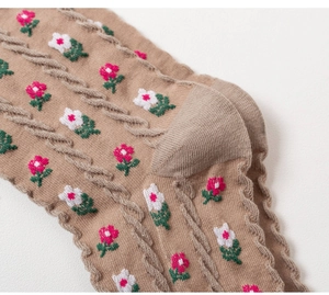 Close-up of beige knitted socks showing pink floral pattern and cable stitch texture