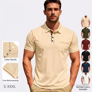 Men Polo Shirt Short Sleeve Breathable Polyester Spandex Contrast Stitching Lapel Casual Business Top With Chest Pocket