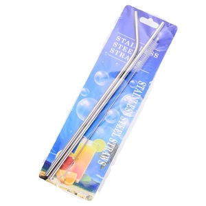 Reusable stainless steel straw set with one straight, one curved straw and cleaning brush