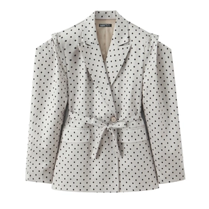 Blazer Femme À Pois Veste Manches Longues Bouffantes Boutonnée Avec Ceinture Élégante Revers Bureau