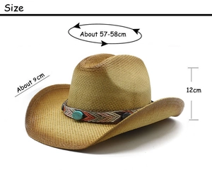 Classic straw cowboy hat detail showing dimensions of 57-58cm circumference and 9cm brim