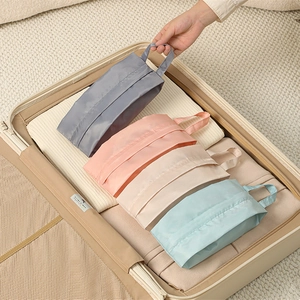 Detail of travel organizer set handles showing portability inside a suitcase