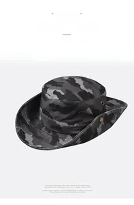 Detail of camouflage sun hat featuring metal ventilation eyelets and side snap buttons