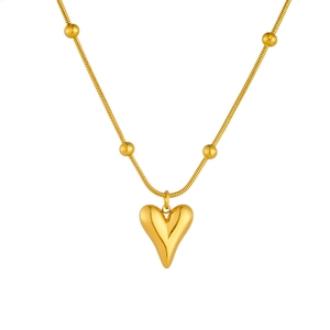 Elegant gold heart pendant necklace with snake chain and round beads on white background