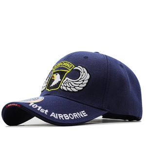 Navy blue tactical baseball cap with 101st Airborne eagle embroidery and brim text detail