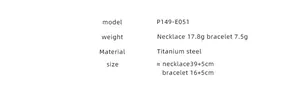 Detailed size and weight specs for titanium steel necklace and bracelet set