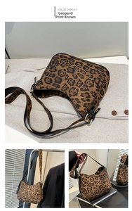 Detailed views of vintage leopard print crescent bag with brown suede finish and metallic buckle