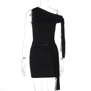 Detail view of black one-shoulder slim dress featuring side ribbons and pleated fabric