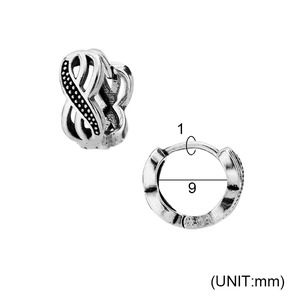 Detailed size guide of vintage silver steel hoop earring with infinity texture and 9mm inner diameter