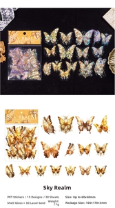Macro detail of PET butterfly stickers with shell light and laser gold laser effects