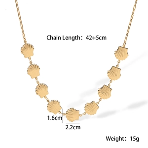 Detailed view of 18K gold plated shell pendant necklace with chain length specifications