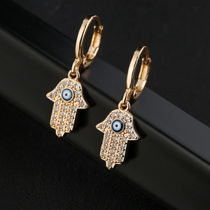 18K gold plated Hamsa Hand earrings with Evil Eye zircon inlay and hoop closures