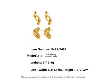 Macro detail of gold geometric earrings showing layered stainless steel texture and dimensions