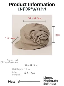 Detailed size chart for breathable linen newsboy hat showing dimensions and soft texture