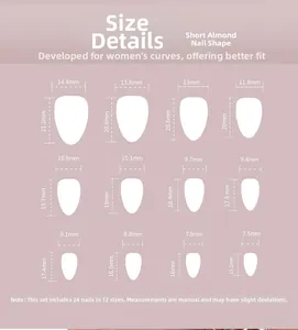 Size chart for 24pcs short almond fake nails with 12 specific dimensions in millimeters