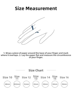 Detailed size guide chart showing finger circumference measurement and ring size comparisons