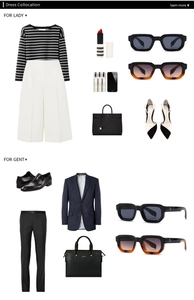 Fashion lookbook collage featuring narrow frame sunglasses with modern chic apparel sets