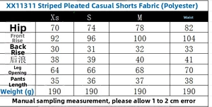 Tableau des tailles avec mesures de taille, hanches et longueur du short rayé