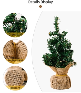 Detailed macro view of mini Christmas tree featuring green PVC leaves and burlap base