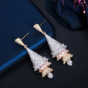 Three-tone layered Christmas tree dangle earrings with micro-pave cubic zirconia stones