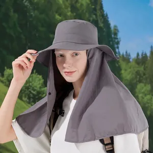 Gray outdoor sun hat with neck flap, quick-dry fabric for hiking and camping