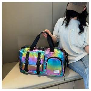 Iridescent waterproof fitness bag with high-gloss finish and black woven straps