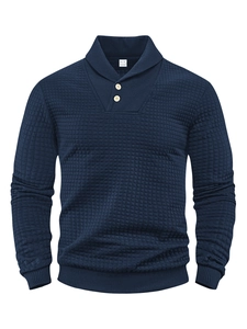 Close-up of dark blue men's knit sweatshirt showing waffle texture and shawl collar buttons