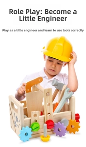 Détails de la boîte à outils en bois pour enfants avec engrenages et enfant mannequin