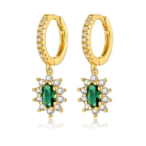 925 Sterling Silver Green Zirconia Oval Hoop Earrings For Women French Vintage Style Pave Rhinestone Fashion Jewelry Gift