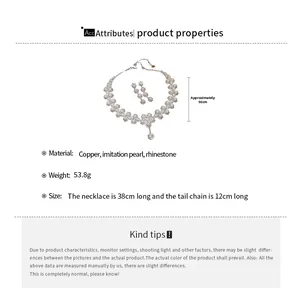 Detailed size specifications for the flower pearl and rhinestone jewelry set dimensions