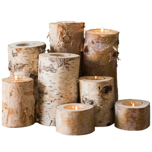 Natural birch wood candle holder set with bark texture for rustic table decoration