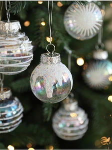 Macro shot of 6cm iridescent iridescent Christmas balls with glitter and silver snowflake patterns
