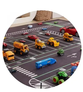 Detailed city traffic play mat featuring parking spots, road markings and toy vehicle models