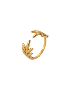 Detail view of adjustable golden olive leaf ring with brushed metal texture for women