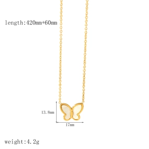 Detailed view of gold butterfly necklace with pearl shell inlay and size dimensions