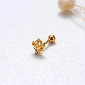 Detailed view of a gold crown stud earring with clear zircon and screw-back closure